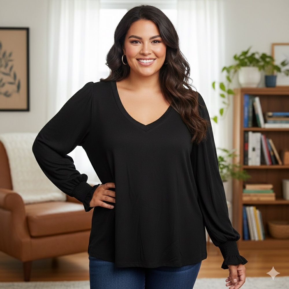 NEW Penelope Rose Women’s Black V-Neck Blouse Long‎ Balloon Sleeves plus size 2X